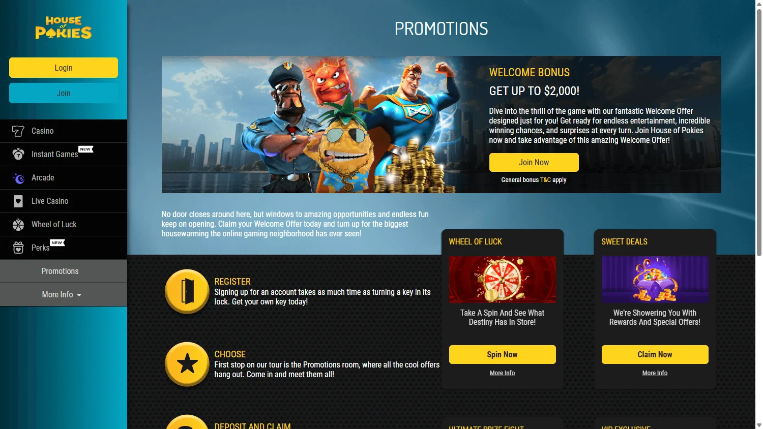 House Of Pokies Casino desktop promotions with deposit matches and free spins