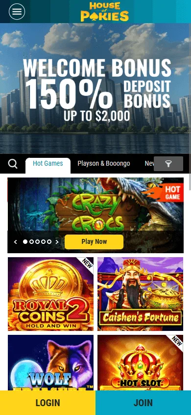 House Of Pokies Casino mobile browser home on an iOS or Android device