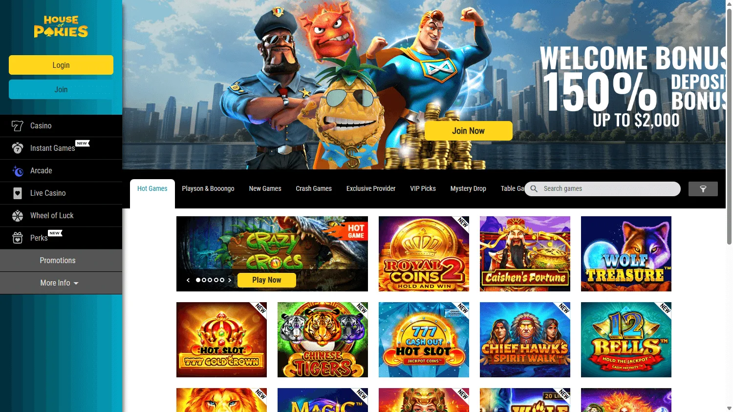House Of Pokies Casino desktop home with the casino offer and game selection